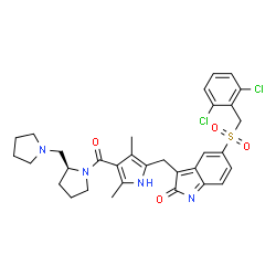 ChemSpider 2D Image | 5-[(2,6-Dichlorobenzyl)sulfonyl]-3-[(3,5-dimethyl-4-{[(2S)-2-(1-pyrrolidinylmethyl)-1-pyrrolidinyl]carbonyl}-1H-pyrrol-2-yl)methyl]-2H-indol-2-one | C32H34Cl2N4O4S