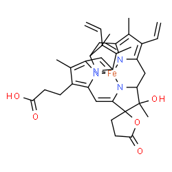 ChemSpider 2D Image | {3-[(2R,5'S,6'R)-5'-Hydroxy-5',10',15',19'-tetramethyl-5-oxo-9',14'-divinyl-4,5-dihydro-3H-spiro[furan-2,4'-[21,22,23,24]tetraazapentacyclo[16.2.1.1~3,6~.1~8,11~.1~13,16~]tetracosa[1(20),2,8,10,12,14,
16,18]octaen]-20'-yl-kappa~4~N~21'~,N~22'~,N~23'~,N~24'~]propanoato(4-)}iron | C34H34FeN4O5