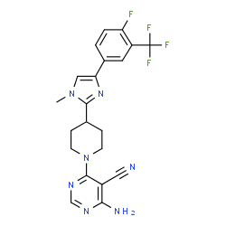 ChemSpider 2D Image | 4-Amino-6-(4-{4-[4-fluoro-3-(trifluoromethyl)phenyl]-1-methyl-1H-imidazol-2-yl}-1-piperidinyl)-5-pyrimidinecarbonitrile | C21H19F4N7