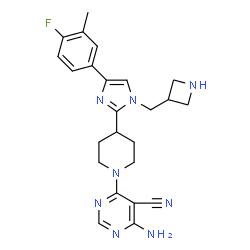 ChemSpider 2D Image | 4-Amino-6-{4-[1-(3-azetidinylmethyl)-4-(4-fluoro-3-methylphenyl)-1H-imidazol-2-yl]-1-piperidinyl}-5-pyrimidinecarbonitrile | C24H27FN8
