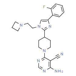 ChemSpider 2D Image | 4-Amino-6-(4-{1-[2-(1-azetidinyl)ethyl]-4-(2-fluorophenyl)-1H-imidazol-2-yl}-1-piperidinyl)-5-pyrimidinecarbonitrile | C24H27FN8