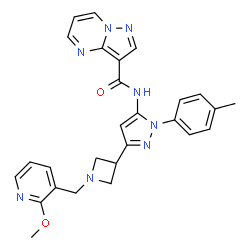 ChemSpider 2D Image | N-[3-{1-[(2-Methoxy-3-pyridinyl)methyl]-3-azetidinyl}-1-(4-methylphenyl)-1H-pyrazol-5-yl]pyrazolo[1,5-a]pyrimidine-3-carboxamide | C27H26N8O2