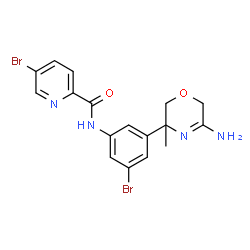 ChemSpider 2D Image | N-[3-(5-Amino-3-methyl-3,6-dihydro-2H-1,4-oxazin-3-yl)-5-bromophenyl]-5-bromo-2-pyridinecarboxamide | C17H16Br2N4O2