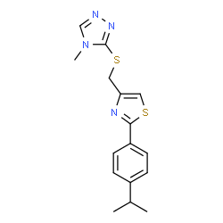 ChemSpider 2D Image | 3-({[2-(4-Isopropylphenyl)-1,3-thiazol-4-yl]methyl}sulfanyl)-4-methyl-4H-1,2,4-triazole | C16H18N4S2