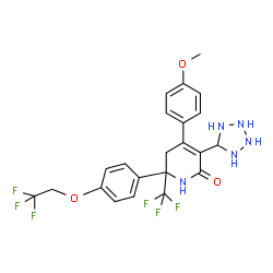 ChemSpider 2D Image | 4-(4-Methoxyphenyl)-3-(5-tetrazolidinyl)-6-[4-(2,2,2-trifluoroethoxy)phenyl]-6-(trifluoromethyl)-5,6-dihydro-2(1H)-pyridinone | C22H21F6N5O3