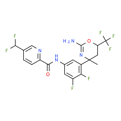 ChemSpider 2D Image | N-{3-[2-Amino-4-methyl-6-(trifluoromethyl)-5,6-dihydro-4H-1,3-oxazin-4-yl]-4,5-difluorophenyl}-5-(difluoromethyl)-2-pyridinecarboxamide | C19H15F7N4O2