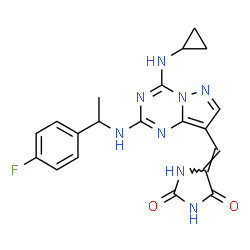 ChemSpider 2D Image | (5Z)-5-{[4-(Cyclopropylamino)-2-{[1-(4-fluorophenyl)ethyl]amino}pyrazolo[1,5-a][1,3,5]triazin-8-yl]methylene}-2,4-imidazolidinedione | C20H19FN8O2