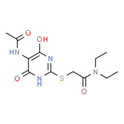 ChemSpider 2D Image | 2-[(5-Acetamido-4-hydroxy-6-oxo-1,6-dihydro-2-pyrimidinyl)sulfanyl]-N,N-diethylacetamide | C12H18N4O4S