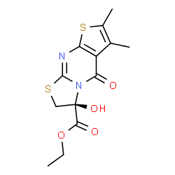 ChemSpider 2D Image | Ethyl (3S)-3-hydroxy-6,7-dimethyl-5-oxo-2,3-dihydro-5H-[1,3]thiazolo[3,2-a]thieno[2,3-d]pyrimidine-3-carboxylate | C13H14N2O4S2
