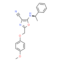 ChemSpider 2D Image | 2-[(4-Methoxyphenoxy)methyl]-5-{[(1R)-1-phenylethyl]amino}-1,3-oxazole-4-carbonitrile | C20H19N3O3