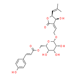 ChemSpider 2D Image | (2Z)-2-[(4S,5S)-4-Hydroxy-5-(2-methyl-1-propen-1-yl)-2-oxodihydro-3(2H)-furanylidene]ethyl 6-O-[(2E)-3-(4-hydroxyphenyl)-2-propenoyl]-beta-L-talopyranoside | C25H30O11
