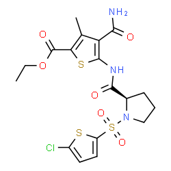 ChemSpider 2D Image | Ethyl 4-carbamoyl-5-({1-[(5-chloro-2-thienyl)sulfonyl]-D-prolyl}amino)-3-methyl-2-thiophenecarboxylate | C18H20ClN3O6S3