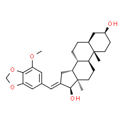 ChemSpider 2D Image | (3beta,5alpha,13alpha,14beta,16E,17beta)-16-[(7-Methoxy-1,3-benzodioxol-5-yl)methylene]androstane-3,17-diol | C28H38O5