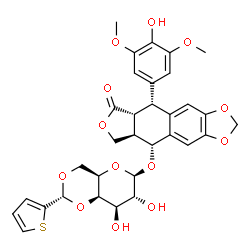 ChemSpider 2D Image | (5R,5aR,8aR,9R)-9-(4-Hydroxy-3,5-dimethoxyphenyl)-8-oxo-5,5a,6,8,8a,9-hexahydrofuro[3',4':6,7]naphtho[2,3-d][1,3]dioxol-5-yl 4,6-O-(2-thienylmethylene)-beta-D-galactopyranoside | C32H32O13S
