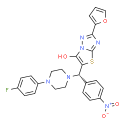 ChemSpider 2D Image | 5-[(S)-[4-(4-Fluorophenyl)-1-piperazinyl](4-nitrophenyl)methyl]-2-(2-furyl)[1,3]thiazolo[3,2-b][1,2,4]triazol-6-ol | C25H21FN6O4S