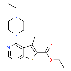 ChemSpider 2D Image | Ethyl 4-(4-ethyl-1-piperazinyl)-5-methylthieno[2,3-d]pyrimidine-6-carboxylate | C16H22N4O2S