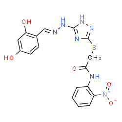 ChemSpider 2D Image | 2-({5-[(2E)-2-(2,4-Dihydroxybenzylidene)hydrazino]-1H-1,2,4-triazol-3-yl}sulfanyl)-N-(2-nitrophenyl)acetamide | C17H15N7O5S