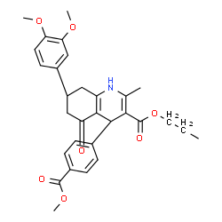 ChemSpider 2D Image | Propyl (4R,7S)-7-(3,4-dimethoxyphenyl)-4-[4-(methoxycarbonyl)phenyl]-2-methyl-5-oxo-1,4,5,6,7,8-hexahydro-3-quinolinecarboxylate | C30H33NO7