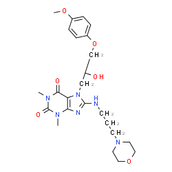ChemSpider 2D Image | 7-[(2R)-2-Hydroxy-3-(4-methoxyphenoxy)propyl]-1,3-dimethyl-8-{[3-(4-morpholinyl)propyl]amino}-3,7-dihydro-1H-purine-2,6-dione | C24H34N6O6