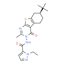 ChemSpider 2D Image | 1-Ethyl-N-[(7S)-2-methyl-7-(2-methyl-2-propanyl)-4-oxo-5,6,7,8-tetrahydro[1]benzothieno[2,3-d]pyrimidin-3(4H)-yl]-1H-pyrazole-5-carboxamide | C21H27N5O2S