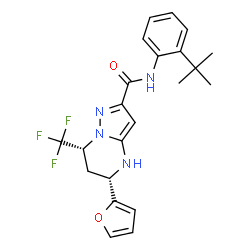 ChemSpider 2D Image | (5S,7R)-5-(2-Furyl)-N-[2-(2-methyl-2-propanyl)phenyl]-7-(trifluoromethyl)-4,5,6,7-tetrahydropyrazolo[1,5-a]pyrimidine-2-carboxamide | C22H23F3N4O2