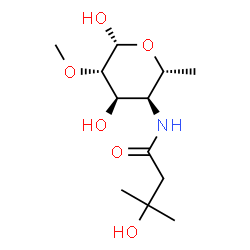 ChemSpider 2D Image | 4,6-Dideoxy-4-[(3-hydroxy-3-methylbutanoyl)amino]-2-O-methyl-beta-D-altropyranose | C12H23NO6