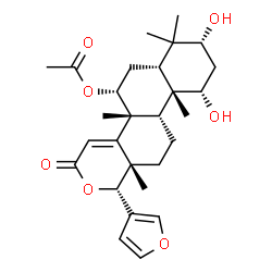 ChemSpider 2D Image | (1R,4bR,5R,6aR,8R,10S,10aS,10bS,12aS)-1-(3-Furyl)-8,10-dihydroxy-4b,7,7,10a,12a-pentamethyl-3-oxo-3,4b,5,6,6a,7,8,9,10,10a,10b,11,12,12a-tetradecahydro-1H-naphtho[2,1-f]isochromen-5-yl acetate | C28H38O7