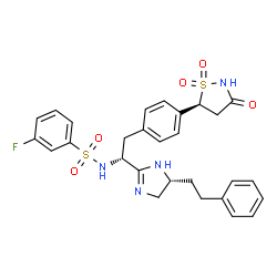 ChemSpider 2D Image | N-{(1R)-2-{4-[(5S)-1,1-Dioxido-3-oxo-1,2-thiazolidin-5-yl]phenyl}-1-[(5R)-5-(2-phenylethyl)-4,5-dihydro-1H-imidazol-2-yl]ethyl}-3-fluorobenzenesulfonamide | C28H29FN4O5S2