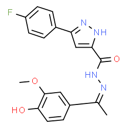 ChemSpider 2D Image | 3-(4-Fluorophenyl)-N'-[(1Z)-1-(4-hydroxy-3-methoxyphenyl)ethylidene]-1H-pyrazole-5-carbohydrazide | C19H17FN4O3