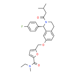 ChemSpider 2D Image | N-Ethyl-5-({[(1S)-1-(4-fluorophenyl)-2-(3-methylbutanoyl)-1,2,3,4-tetrahydro-7-isoquinolinyl]oxy}methyl)-N-methyl-2-furamide | C29H33FN2O4