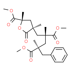 ChemSpider 2D Image | Dimethyl (2R,4R)-2-benzyl-4-{[(3R,5S)-5-(methoxycarbonyl)-3,5-dimethyl-2-oxotetrahydro-3-furanyl]methyl}-2,4-dimethylpentanedioate (non-preferred name) | C25H34O8
