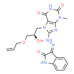 ChemSpider 2D Image | 7-[(2R)-3-(Allyloxy)-2-hydroxypropyl]-3-methyl-8-[(2E)-2-(2-oxo-1,2-dihydro-3H-indol-3-ylidene)hydrazino]-3,7-dihydro-1H-purine-2,6-dione | C20H21N7O5