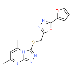 ChemSpider 2D Image | 3-({[5-(2-Furyl)-1,3,4-oxadiazol-2-yl]methyl}sulfanyl)-5,7-dimethyl[1,2,4]triazolo[4,3-a]pyrimidine | C14H12N6O2S