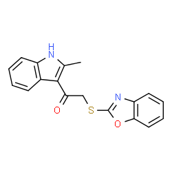 ChemSpider 2D Image | 2-(Benzooxazol-2-ylsulfanyl)-1-(2-methyl-1H-indol-3-yl)-ethanone | C18H14N2O2S