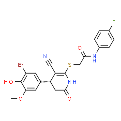 ChemSpider 2D Image | 2-{[(4R)-4-(3-Bromo-4-hydroxy-5-methoxyphenyl)-3-cyano-6-oxo-1,4,5,6-tetrahydro-2-pyridinyl]sulfanyl}-N-(4-fluorophenyl)acetamide | C21H17BrFN3O4S