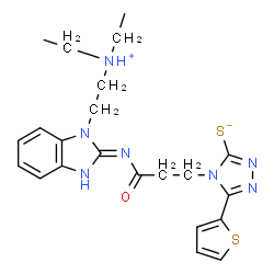 ChemSpider 2D Image | 4-{3-[(E)-{1-[2-(Diethylammonio)ethyl]-1,3-dihydro-2H-benzimidazol-2-ylidene}amino]-3-oxopropyl}-5-(2-thienyl)-4H-1,2,4-triazole-3-thiolate | C22H27N7OS2