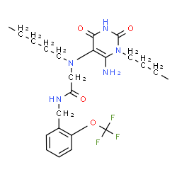 ChemSpider 2D Image | N~2~-(6-Amino-1-butyl-2,4-dioxo-1,2,3,4-tetrahydro-5-pyrimidinyl)-N~2~-pentyl-N-[2-(trifluoromethoxy)benzyl]glycinamide | C23H32F3N5O4