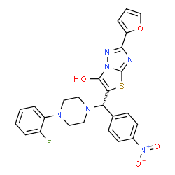 ChemSpider 2D Image | 5-[(S)-[4-(2-Fluorophenyl)-1-piperazinyl](4-nitrophenyl)methyl]-2-(2-furyl)[1,3]thiazolo[3,2-b][1,2,4]triazol-6-ol | C25H21FN6O4S