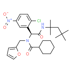 ChemSpider 2D Image | N-{(1S)-1-(2-Chloro-5-nitrophenyl)-2-oxo-2-[(2,4,4-trimethyl-2-pentanyl)amino]ethyl}-N-(2-furylmethyl)cyclohexanecarboxamide | C28H38ClN3O5