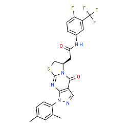 ChemSpider 2D Image | 2-[(6R)-1-(2,4-Dimethylphenyl)-4-oxo-1,4,6,7-tetrahydropyrazolo[3,4-d][1,3]thiazolo[3,2-a]pyrimidin-6-yl]-N-[4-fluoro-3-(trifluoromethyl)phenyl]acetamide | C24H19F4N5O2S
