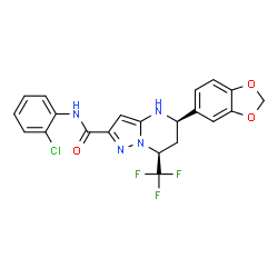 ChemSpider 2D Image | (5R,7S)-5-(1,3-Benzodioxol-5-yl)-N-(2-chlorophenyl)-7-(trifluoromethyl)-4,5,6,7-tetrahydropyrazolo[1,5-a]pyrimidine-2-carboxamide | C21H16ClF3N4O3