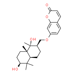 ChemSpider 2D Image | 7-{[(1R,2R,4aS,6S,8aS)-1,6-Dihydroxy-1,5,5,8a-tetramethyldecahydro-2-naphthalenyl]methoxy}-2H-chromen-2-one | C24H32O5