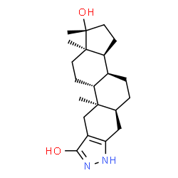ChemSpider 2D Image | (1R,3aS,3bS,5aS,10aR,10bR,12aR)-1,10a,12a-Trimethyl-1,2,3,3a,3b,4,5,5a,6,7,10,10a,10b,11,12,12a-hexadecahydrocyclopenta[5,6]naphtho[1,2-f]indazole-1,9-diol | C21H32N2O2