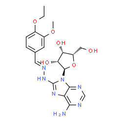 ChemSpider 2D Image | 8-[(2E)-2-(4-Ethoxy-3-methoxybenzylidene)hydrazino]-9-(alpha-L-lyxofuranosyl)-9H-purin-6-amine | C20H25N7O6