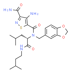ChemSpider 2D Image | 4-Amino-N~5~-(1,3-benzodioxol-5-ylmethyl)-N~5~-{(2S)-4-methyl-1-[(3-methylbutyl)amino]-1-oxo-2-pentanyl}-1,2-thiazole-3,5-dicarboxamide | C24H33N5O5S