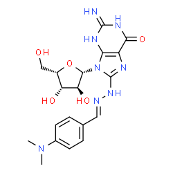 ChemSpider 2D Image | 2-Amino-8-{(2E)-2-[4-(dimethylamino)benzylidene]hydrazino}-9-(beta-L-xylofuranosyl)-1,9-dihydro-6H-purin-6-one | C19H24N8O5