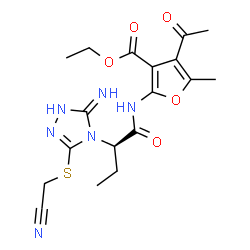 ChemSpider 2D Image | Ethyl 4-acetyl-2-{[(2R)-2-{3-amino-5-[(cyanomethyl)sulfanyl]-4H-1,2,4-triazol-4-yl}butanoyl]amino}-5-methyl-3-furoate | C18H22N6O5S
