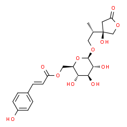ChemSpider 2D Image | (2S)-2-[(3R)-3-Hydroxy-5-oxotetrahydro-3-furanyl]propyl 6-O-[(2E)-3-(4-hydroxyphenyl)-2-propenoyl]-beta-D-glucopyranoside | C22H28O11