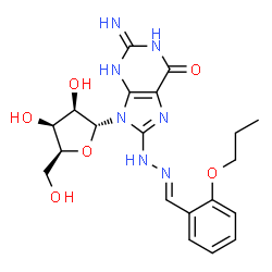 ChemSpider 2D Image | 2-Amino-9-(alpha-L-lyxofuranosyl)-8-[(2E)-2-(2-propoxybenzylidene)hydrazino]-1,9-dihydro-6H-purin-6-one | C20H25N7O6