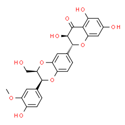 ChemSpider 2D Image | (2R,3R)-3,5,7-Trihydroxy-2-[(2S,3R)-2-(4-hydroxy-3-methoxyphenyl)-3-(hydroxymethyl)-2,3-dihydro-1,4-benzodioxin-6-yl]-2,3-dihydro-4H-chromen-4-one | C25H22O10